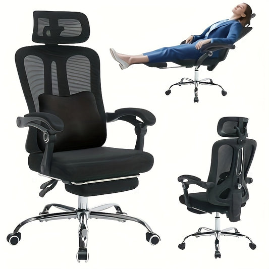 Bureaustoel – Ergonomische Stoel – Kantoorstoel – Office Chair – Draaistoel – Memory Foam Zitting – Verstelbare Lendensteun & Inklapbare Voetsteun – Metalen Frame – Zwart