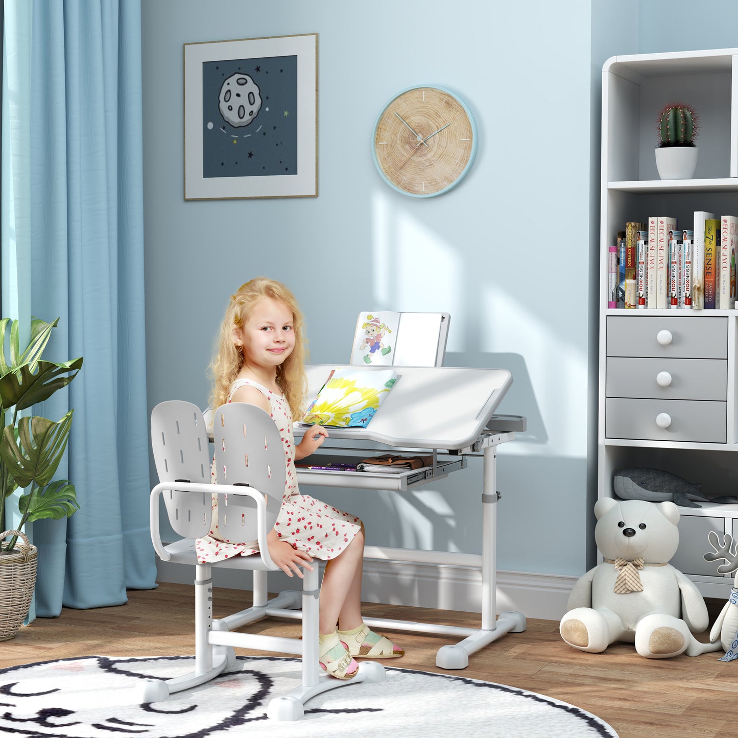 Kinderbureau met Stoel – Kindertafel – Schrijftafel – Studiehoek – Speeltafel – 45° Verstelbaar Werkblad – Hoogte Verstelbaar Grijs