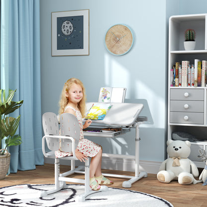 Kinderbureau met Stoel – Kindertafel – Schrijftafel – Studiehoek – Speeltafel – 45° Verstelbaar Werkblad – Hoogte Verstelbaar Grijs