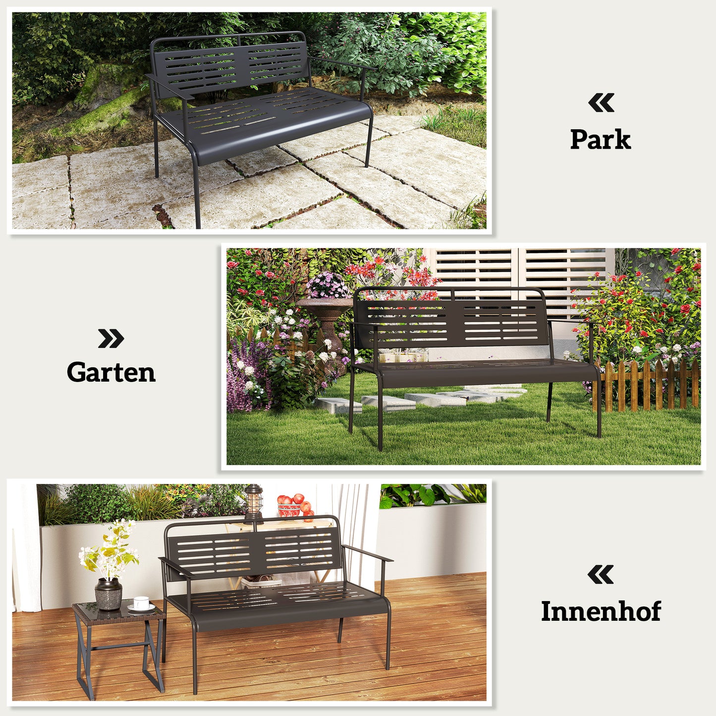 Tuinbank – Buitenbank – Tuinstoel – Parkbank – Zwarte Weerbestendige Bank – Stalen Frame – Comfortabele Armleuningen