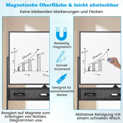 Mobiel Whiteboard – Droog Uitwisbaar Bord – Magnetisch Bord – Spiegelbord – Schoolbord – Dubbelzijdig – 120 x 90 cm – Hoogte Verstelbaar – Wieltjes Met Rem