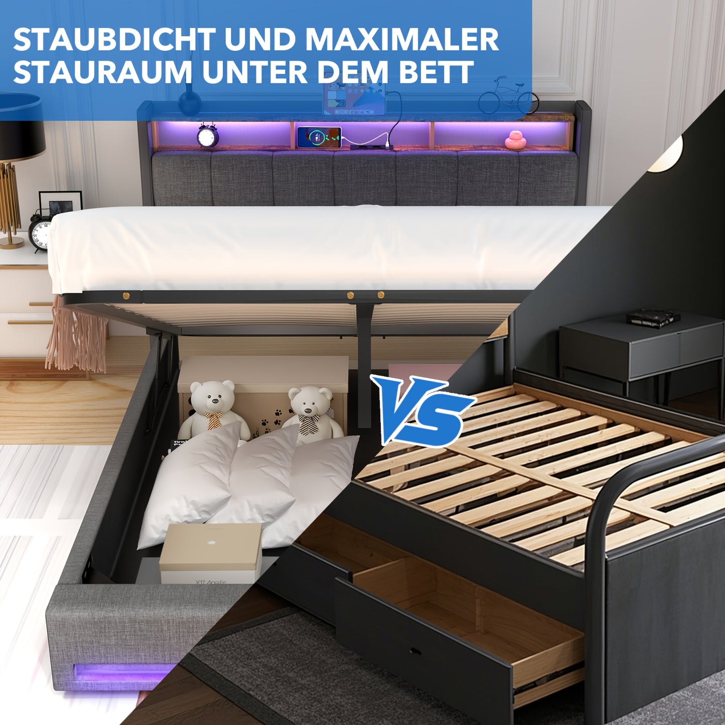 Tweepersoonsbed Frame 160x200 cm met Onderbed Opbergruimte – Modern Platformbed met USB LED, Verstelbare Hoogte (26 cm), Grijs Gestoffeerd Hoofdeinde & Voetbord