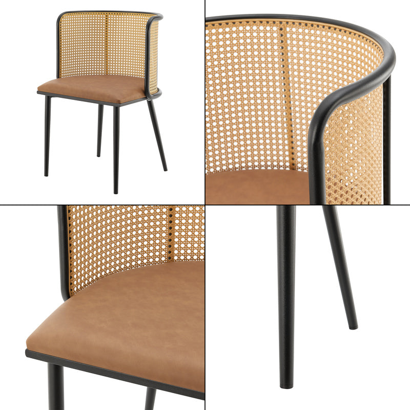 Eetkamerstoel – Stoel – Kuipstoel – Meubel – Woonkamerstoel – Set van 2 – Rattan Rugleuning – Kunstleer Bekleding – Stevig Metalen Frame – Hoge Zitcomfort