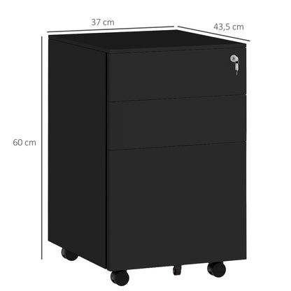Mobiele Ladekast – Rollcontainer – Ladeblok – Opbergkast – Kantoorcontainer – Met Slot – Compact Mat Zwart – Stalen Frame – Drie Lades Met Verstelbare Rails