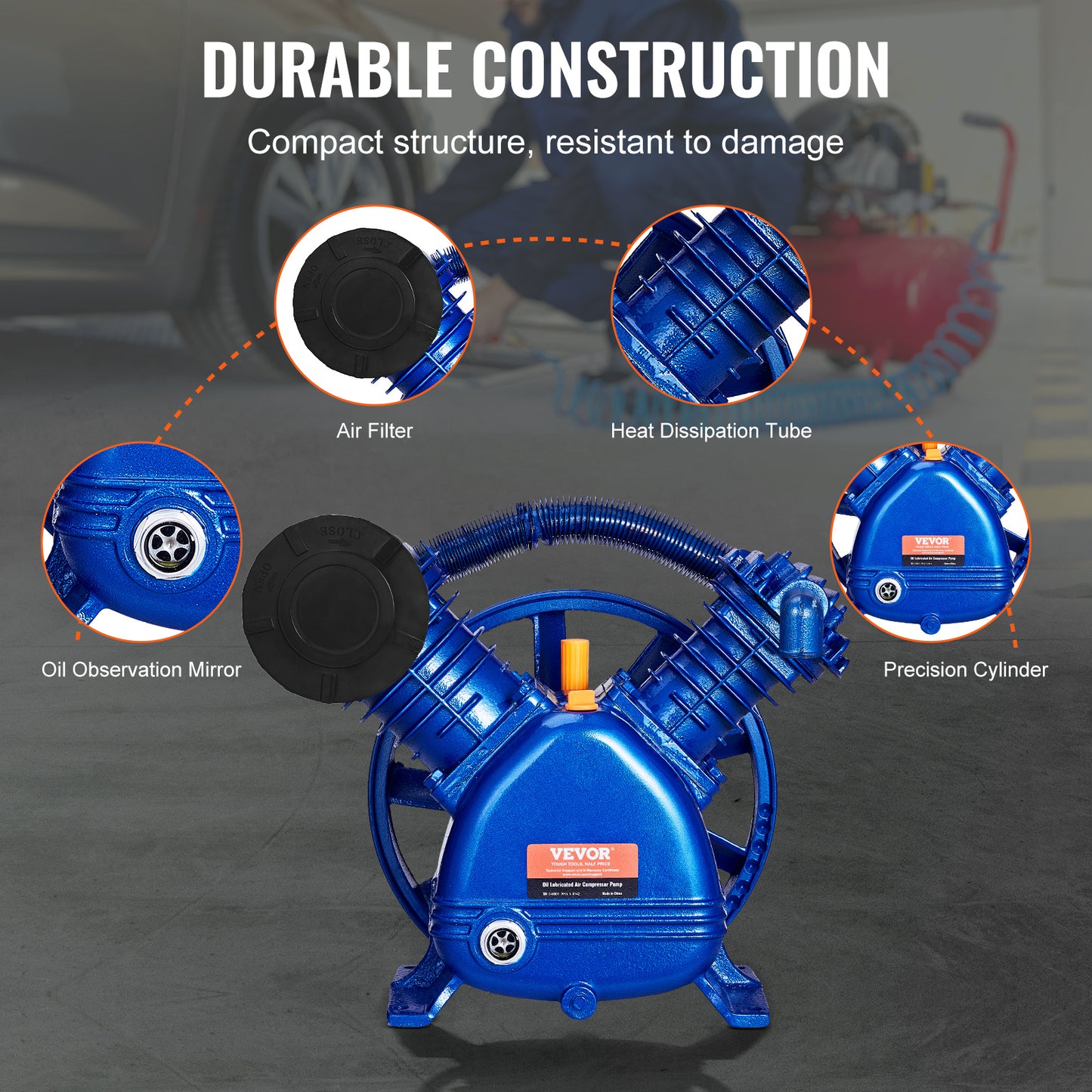 Compressorkop – Luchtcompressorpomp – Pompkop – Dubbelcilinder Compressor – Pistonpomp – 5,5PK Vermogen – Gietijzeren Duurzaam Design