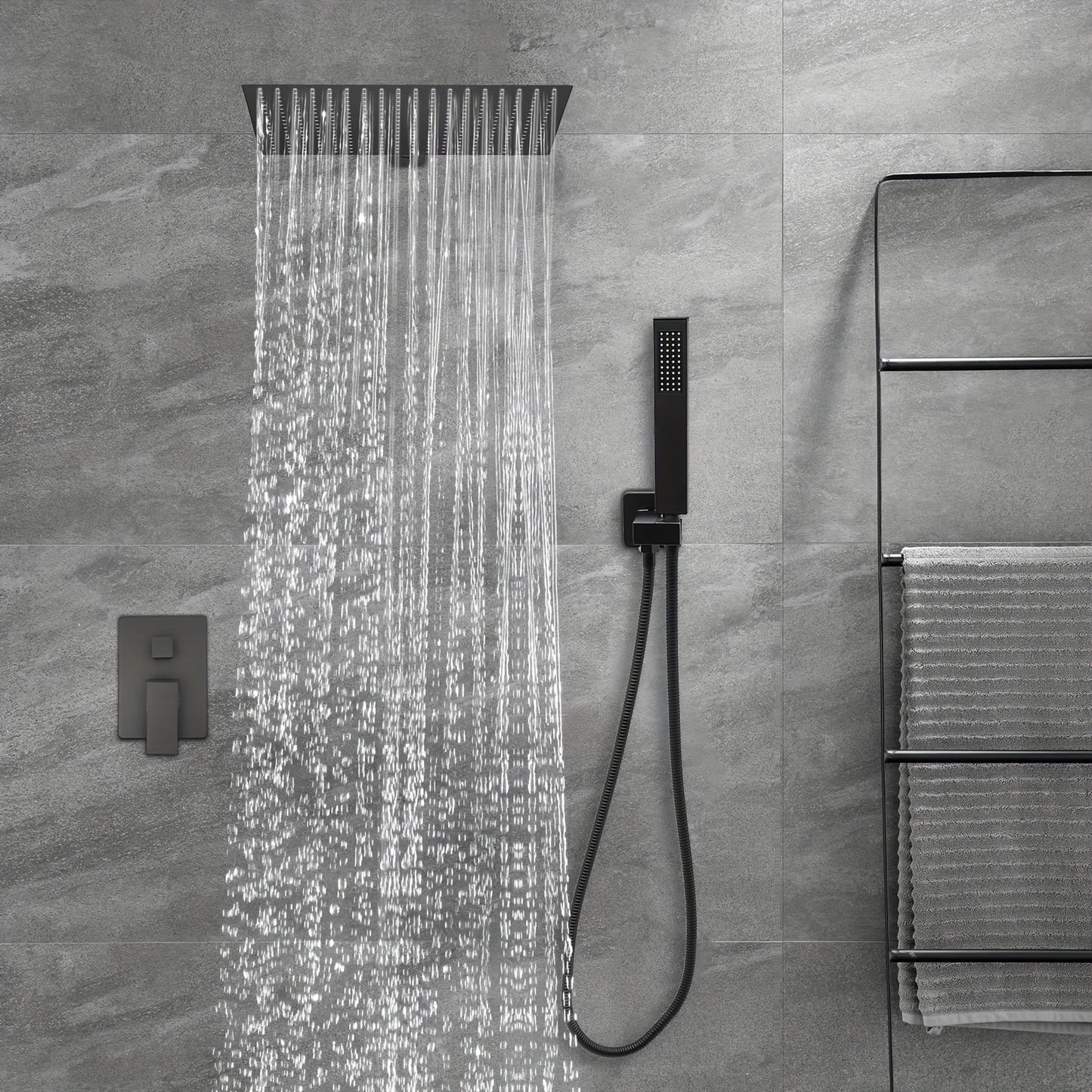 TOOL1SHOOO 40CM Built-In Shower Kit, Classic Black, Sleek Lines, Suitable For Home, Hotel, School, Gym And Apartment, With 360° Swivel Large Overhead Spray 7.87*2.36 Inch Handheld Shower And 4.92 Feet Stainless Steel Hose
