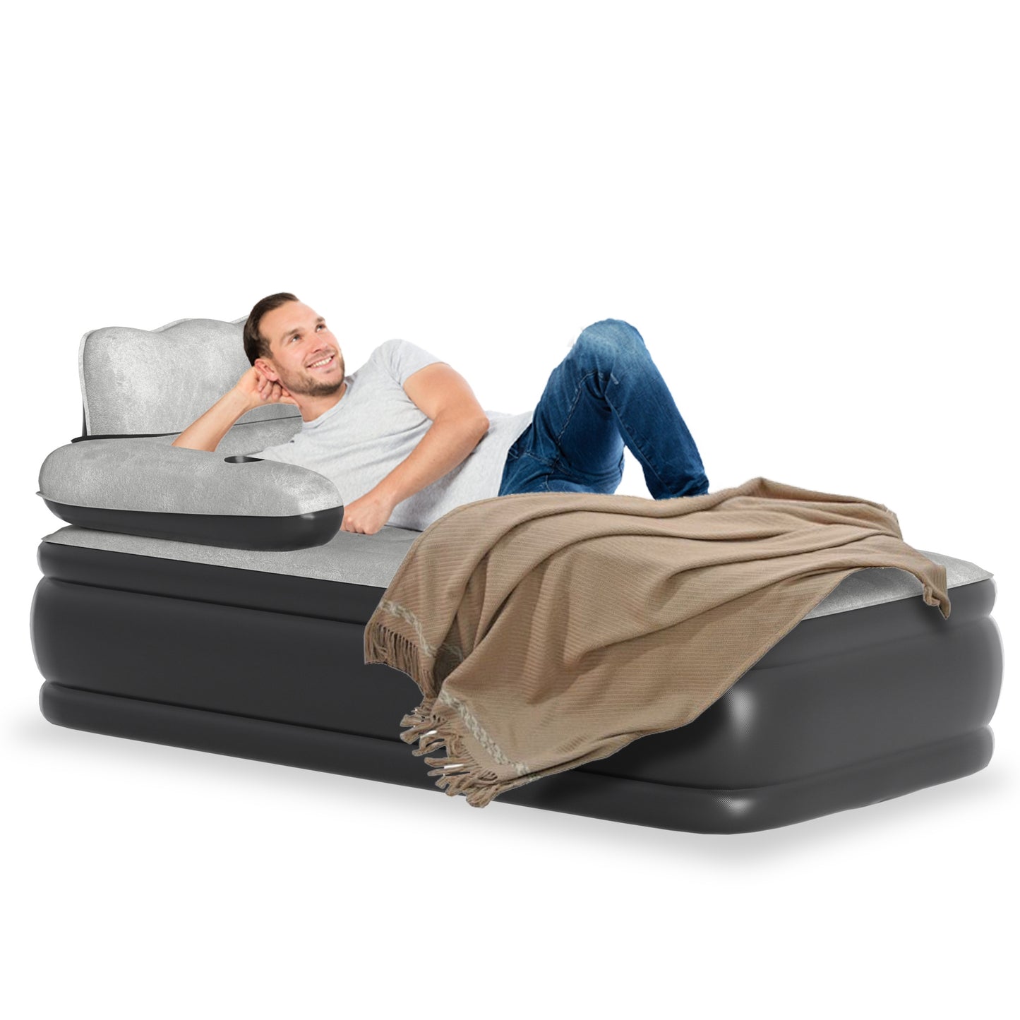 Outdoor Inflatable Bed Air Mattress Single/Double with Backrest Portable Soft Mattress 190 × 100 × 42cm/ 195 × 145 × 42cm Office Rest Bed Camping Bed