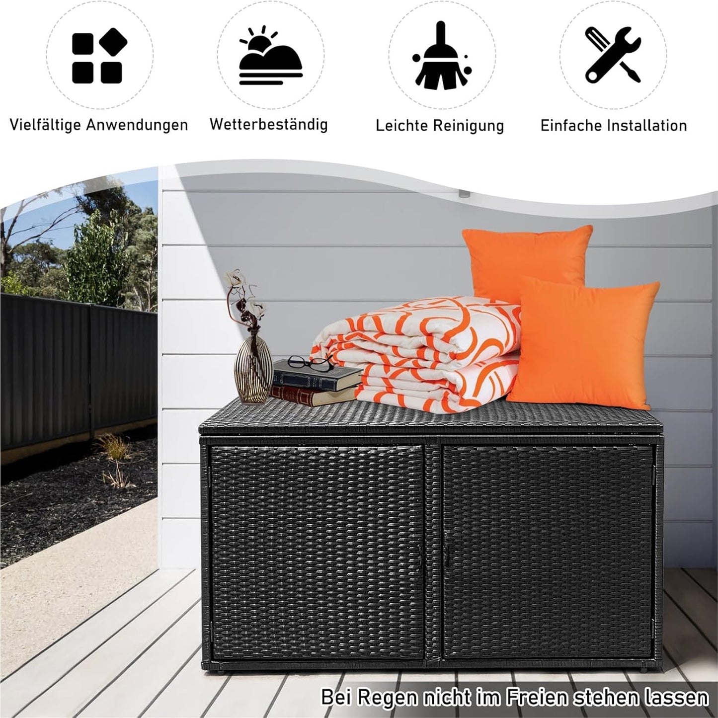Rattan Opbergbox – Tuinkist – Opbergkist – Buitenbox – Tuinbank Met Deksel – 333L Inhoud – Weerbestendig PE Rattan – Dubbele Deuren & Binnenplanken – Mat Zwart – 115x60x65 cm
