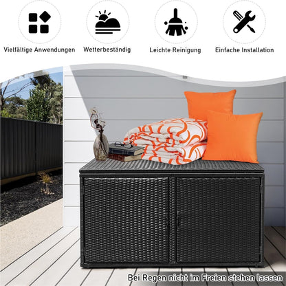 Rattan Opbergbox – Tuinkist – Opbergkist – Buitenbox – Tuinbank Met Deksel – 333L Inhoud – Weerbestendig PE Rattan – Dubbele Deuren & Binnenplanken – Mat Zwart – 115x60x65 cm
