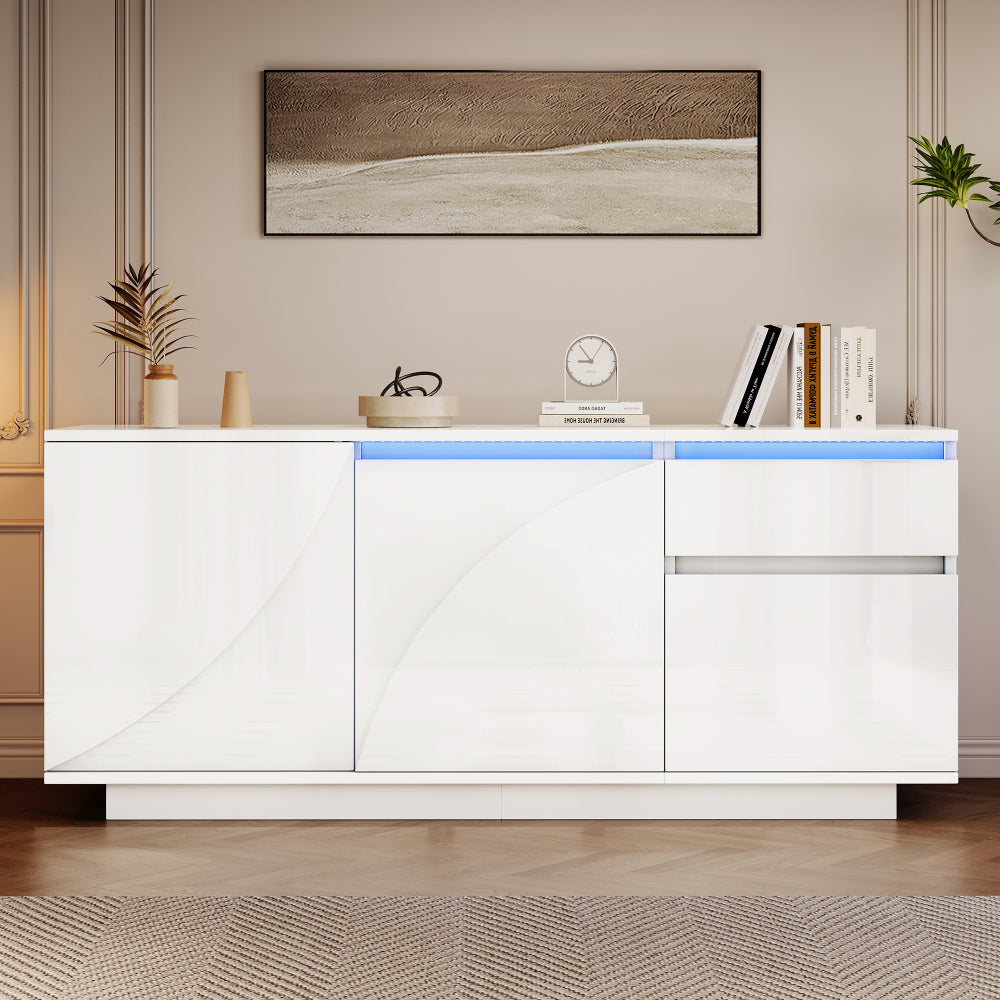 Modern White MDF Sideboard with 3 Doors & 1 Drawer - High-Gloss Contemporary Storage Cabinet with Adjustable Shelves, Golden-Toned Hardware, Space-Saving Design for Living Room, Dining Room, Entryway - Durable Metal Frame & M