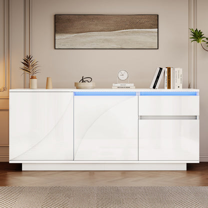 Modern White MDF Sideboard with 3 Doors & 1 Drawer - High-Gloss Contemporary Storage Cabinet with Adjustable Shelves, Golden-Toned Hardware, Space-Saving Design for Living Room, Dining Room, Entryway - Durable Metal Frame & M