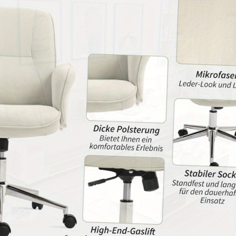 Ergonomische Bureaustoel – Bureaustoel Met Wieltjes – Draaistoel – Thuiswerkstoel – Kantoorstoel – Verstelbare Zithoogte – Crème Microfiber Bekleding