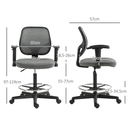 Bureaustoel – Werkstoel – Kantoorstoel – Hoogte Verstelbare Stoel – Ergonomische Stoel – Verstelbare Armleuningen – Praktische Voetsteun – Grijs – Metalen Frame – Zithoogte 55-77 cm