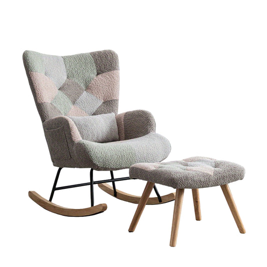 Schommelstoel – Lounge Chair – Fauteuil – Relaxstoel – Tuinstoel – Met rubberhouten frame – Memory foam zitkussen & lendensteun – Inclusief voetenbankje (49x38x37 cm) – Multicolor design