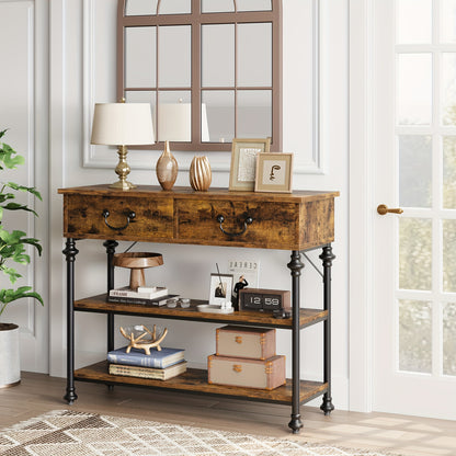 Sidetable – Console Tafel – Haltafel – Sofa Tafel – Opbergmeubel – Smal Ontwerp – 2 Lades & Open Planken – Metalen Frame & Houten Blad – Grijs