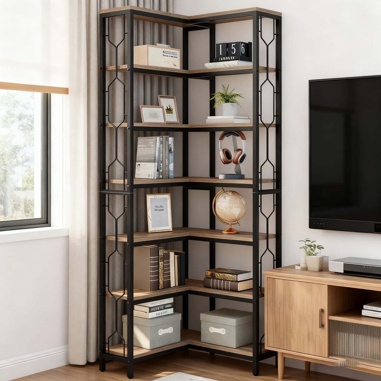 Hoekboekenkast – Hoekrek – Opbergkast – Boekplank – Wandmeubel – Industrieel Design – 7 Lagen Met L-vormige Reling – Hout & Metaal – Draagvermogen 50 kg – Grijs