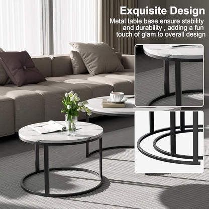Salontafel – Salontafels – Bijzettafel – Koffietafel – Woonkamertafel – Set van 2 – Rond – Houtfineer Marmerlook – Zwart Metalen Frame