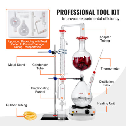 Essentiële Olie Distilleerketel – Destillatieset – Olie Extractieapparaat – Aroma Destillatie Kit – Borosilicaat Glas Set – 2000 ml Inhoud – 1000W Elektrische Verwarmingsplaat