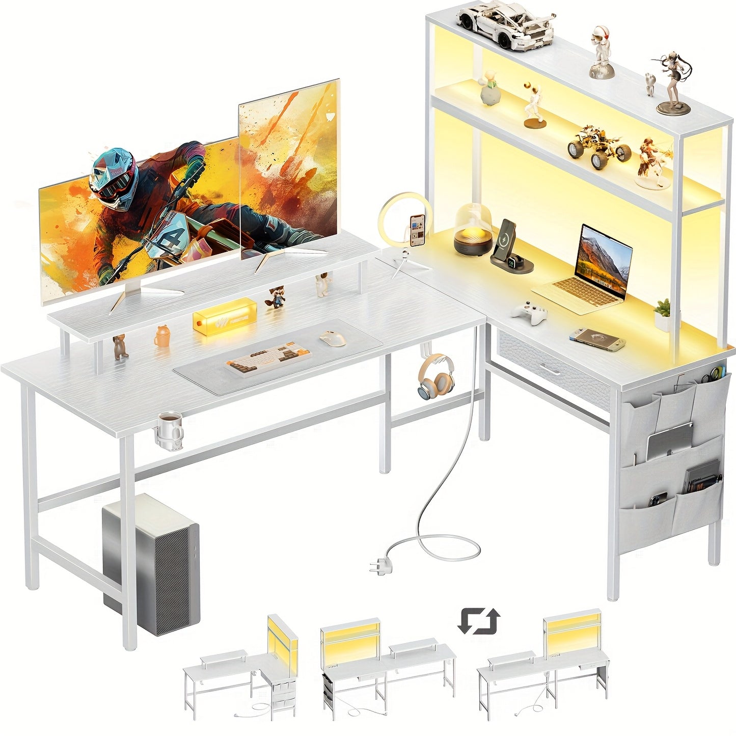 L-vormig Gaming Bureau – Gaming Tafel – Hoekbureau – PC Bureau – Werkplek Bureau – LED-lichtstrip – Ingebouwde Stroomvoorziening – Wit 100x170x74 cm
