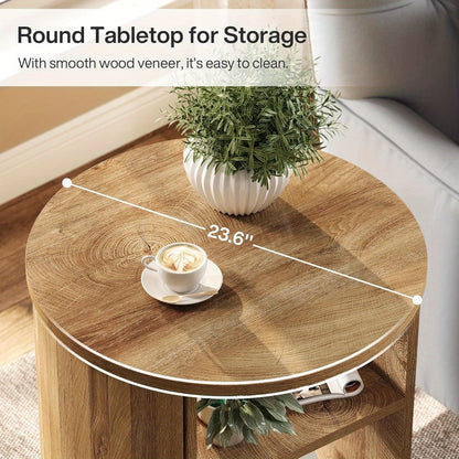 Nachtkastje – Bijzettafel – Opbergtafeltje – Bedtafel – Accenttafel – Ronde Vorm – 3 Opslagniveaus – Natuurlijke Houtlook – Compact & Stevig MDF