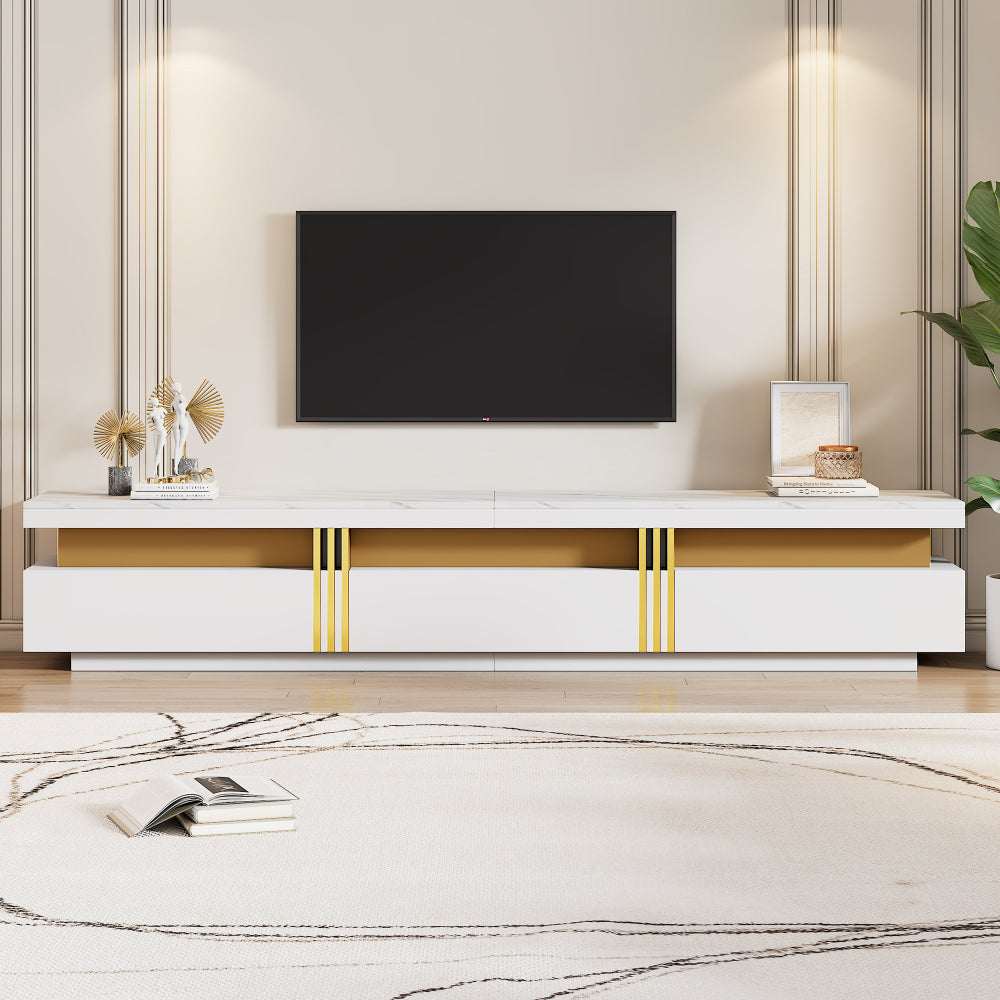 Contemporary low TV cabinet with marble finish, featuring three drawers and one cable management compartment. Dimensions: 200 x 40 x 42cm. Suitable for televisions under 90 inches., Media Console, Sleek Furniture, Modern Cabi