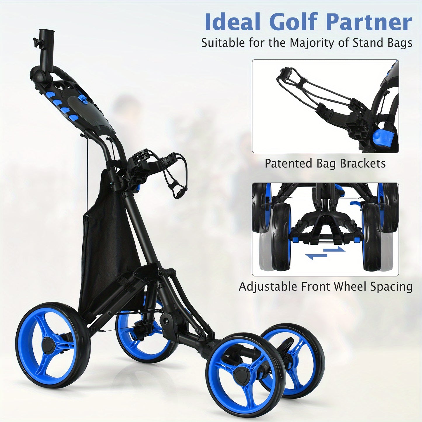 Golfkarretje – Golftrolley – Golfwagen – Golfpushcart – Golfcaddy – Lichtgewicht Opvouwbaar – Blauwe Wielen