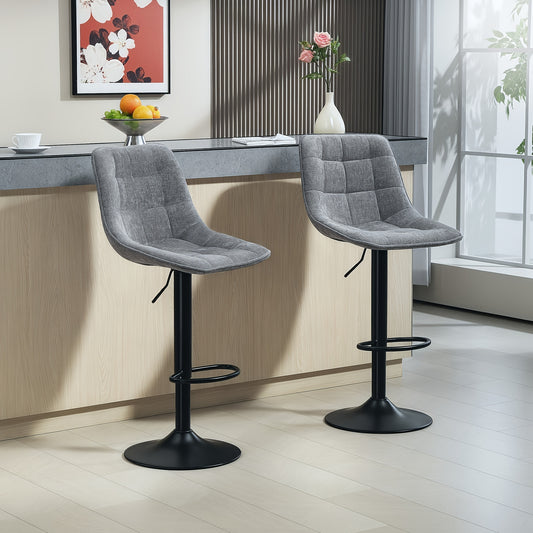 Barstoel – Barkruk – Keukenstoel – Barstoel met Rugleuning – Barkrukken Set van 2 – Hoogte Verstelbaar – 360° Draaibaar – Stalen Frame – Chenille Donkergrijs