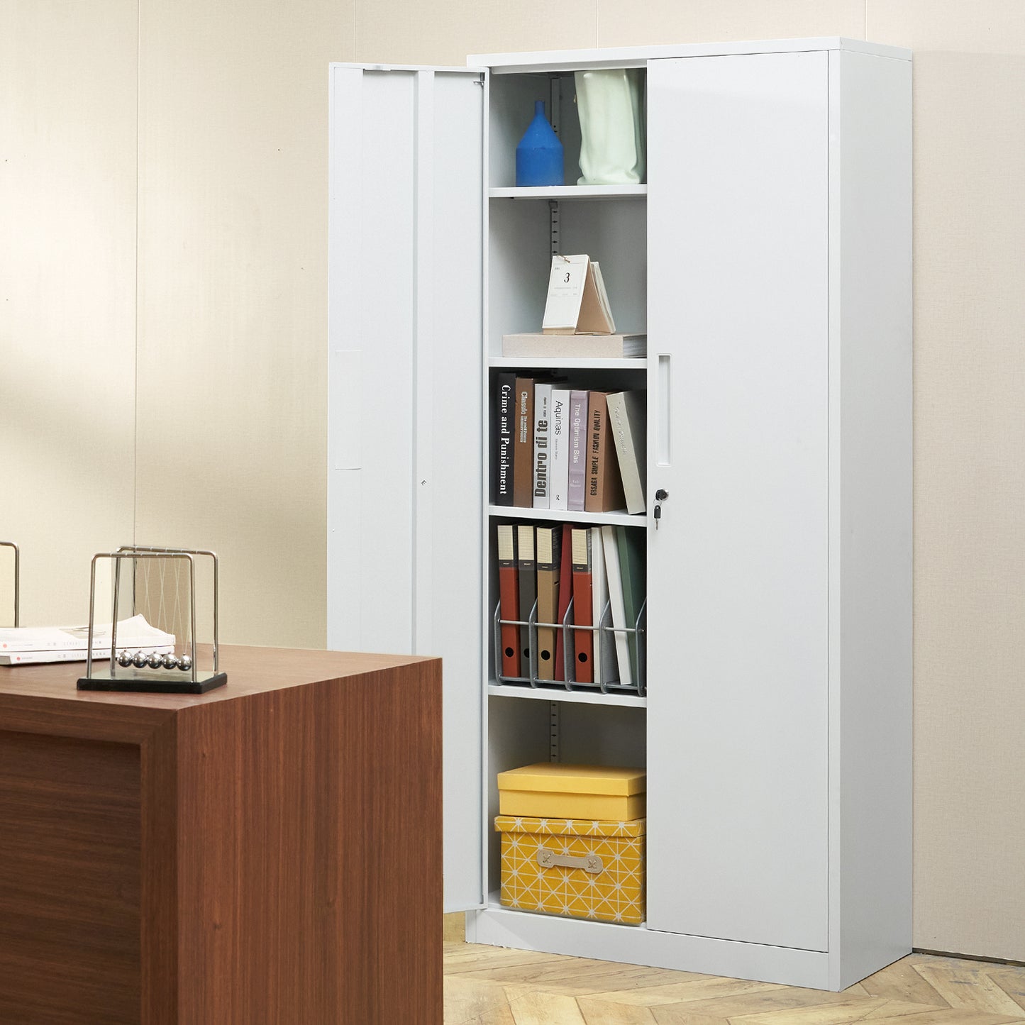 Opbergkast Staal – Metalen Kast – Opbergrek – Stellingkast – Bergkast – 5 Planken Verstelbaar – Slot Met 3 Sleutels – Wit