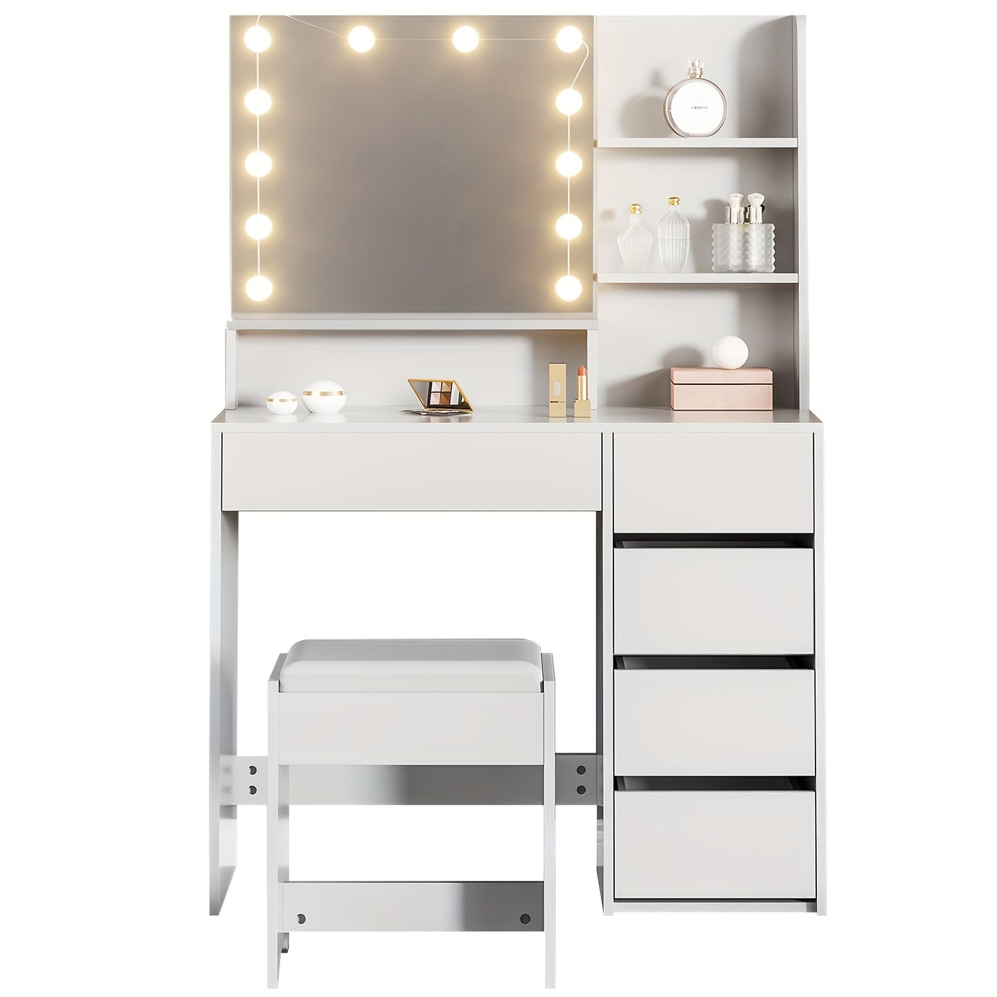 Kaptafel met Spiegel en Kruk – Wit – Make-up Tafel met Laden, Open Planken en 12 LED-Lampen, Instelbare Helderheid – Modern voor Slaapkamer