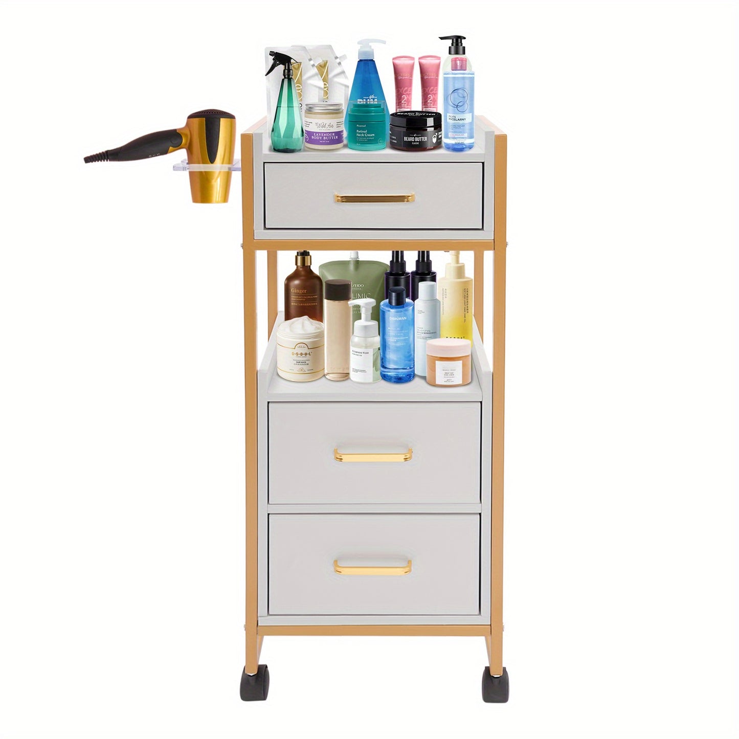 Kapperswagen – Kappers Trolley – Werkwagen – Kapperskar – Salonwagen – 3 Laden – 50 KG Draagvermogen – Met Haardrogerhouder – Mobiel en Compact – Wit met Gouden Frame