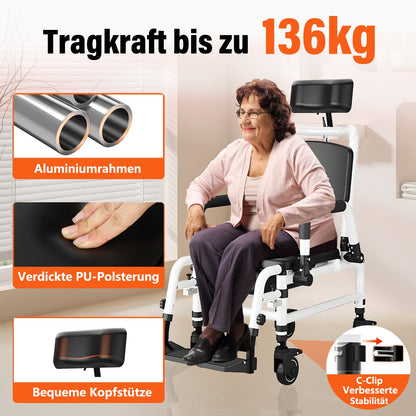 Toiletstoel – Postoel – Douchestoel – Commode Stoel – Opvouwbare Zitstoel – Verstelbare Zitting en Rugleuning – Inclusief Wielen met Remmen