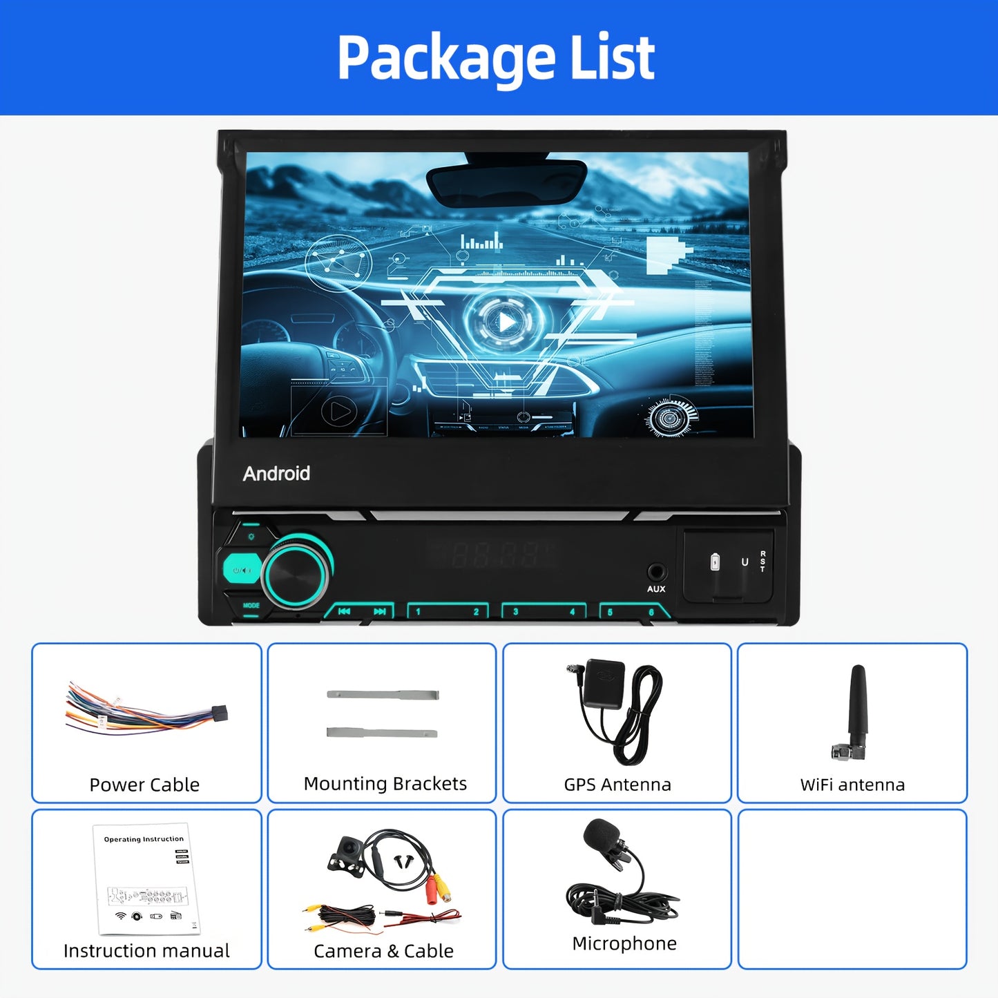 Multimedia Car Stereo – Autoradio – Navigatiesysteem – Touchscreen Speler – Bluetooth Interface – 7 inch IPS Flip-out Scherm – Android 14 Systeem – Draadloze CarPlay & Android Auto Met Camera, Microfoon en DAB+ Adapter