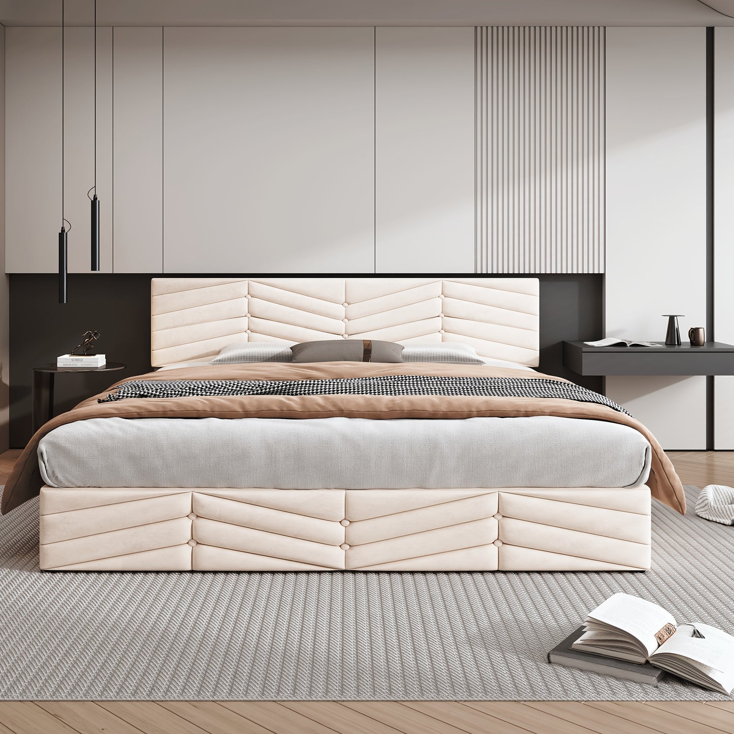 Tweepersoonsbed – Gestoffeerd Bed – Slaapbank – Ledikant – Bedframe – Verstelbaar Hoofdbord – 180x200 cm – Beige – Klassiek Design – Hoogwaardige Stoffering