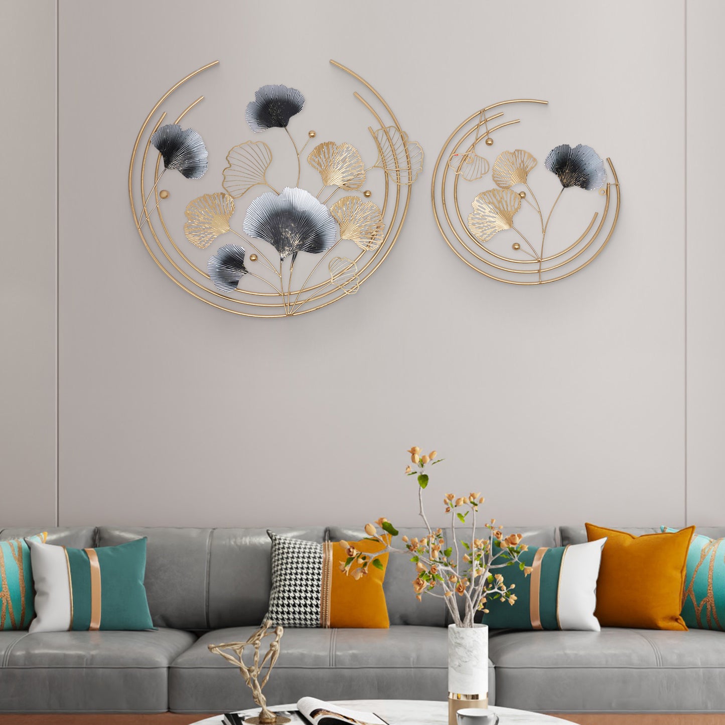 Muurdecoratie – Wanddecoratie – Wandbord – Wandkunst – Wandversiering – Gouden 3D Metalen Design – Set Groot 69cm & Klein 47cm