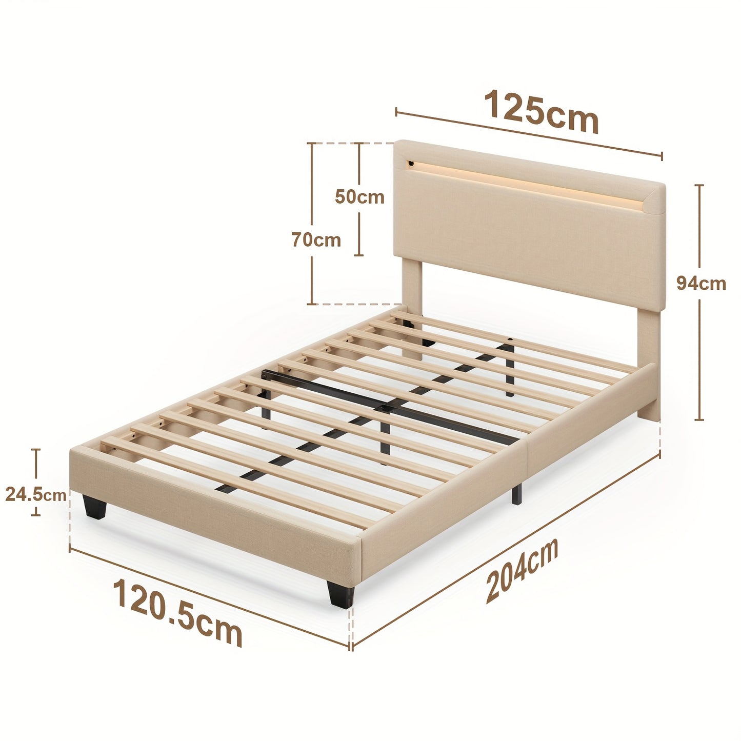 Modern Bedframe 120x200 – Bedbodem – Ledikant – Slaapbank – Lattenbodem – Stevige Houten Constructie – Gestoffeerd Hoofdeinde – Donkergrijs