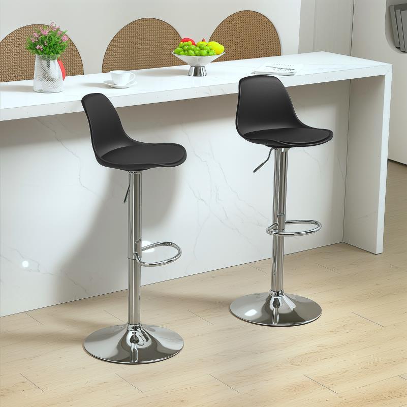 Barstoel – Barkruk – Barstoel Kruk – Barstoelen – Barkrukken Set van 2 – Verstelbare Zithoogte – Draaibare Rugleuning 360° – Stalen Frame – Zitting van Synthetisch Leer – Zwart