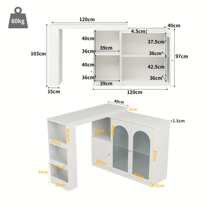 360° Rotating Bar Table - Modern Minimalist White Metal Frame with Glass Door, 120x40x97cm, Multifunctional Storage Cabinet for Dining Room, Kitchen, or Home Office, Space-Saving Design, Easy Assembly, No Power Needed, Kitch