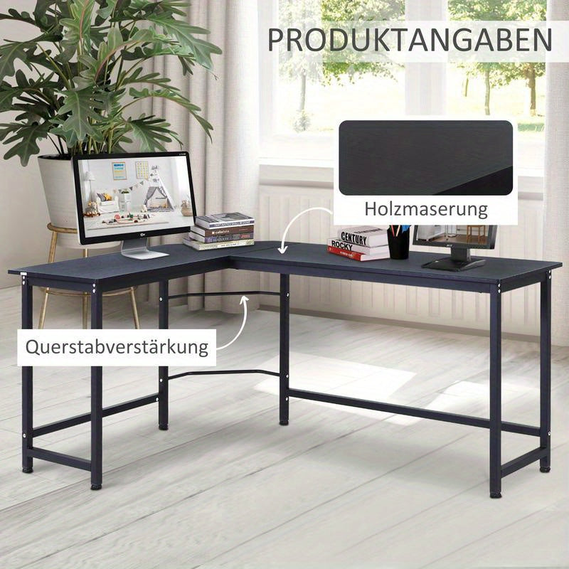 Hoekbureau – Computerbureau – Bureau – Werkplek – Study Table – Verstelbaar in hoogte – Stevig metalen frame – 168x120x75 cm – Zwart – Ergonomisch design