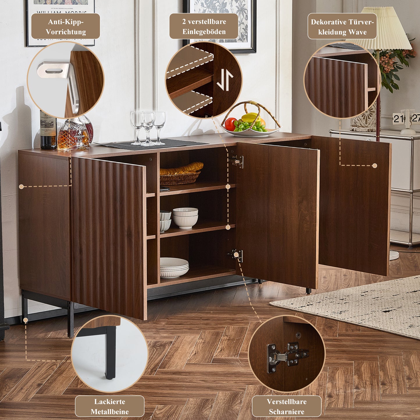 Sideboard – Dressoir – Opbergkast – Buffetkast – Kast – Donker Geoliede Houtkleur – 150x40x80 cm – Uniek 3D Golfpatroon – Verstelbare Planken en Kantelbeveiliging