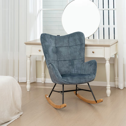 Schommelstoel – Relaxstoel – Fauteuil – Loungestoel – Stoel – Scandinavisch Design – Met Metalen Frame en Beukenhouten Poten – Hoog Rugleuning – Comfortabele Stoffen Bekleding – Blauw – 67x84x97 cm