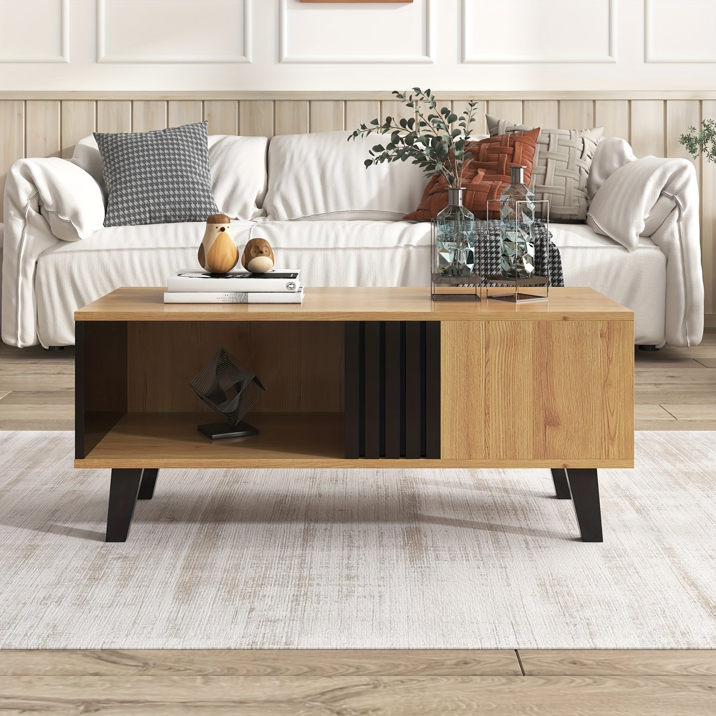 Salontafel – Koffietafel – Woonkamertafel – Bijzettafel – Tafel – Lichtbruin Hout Met Zwart Design – 100x60x45 cm – Multifunctionele Lades