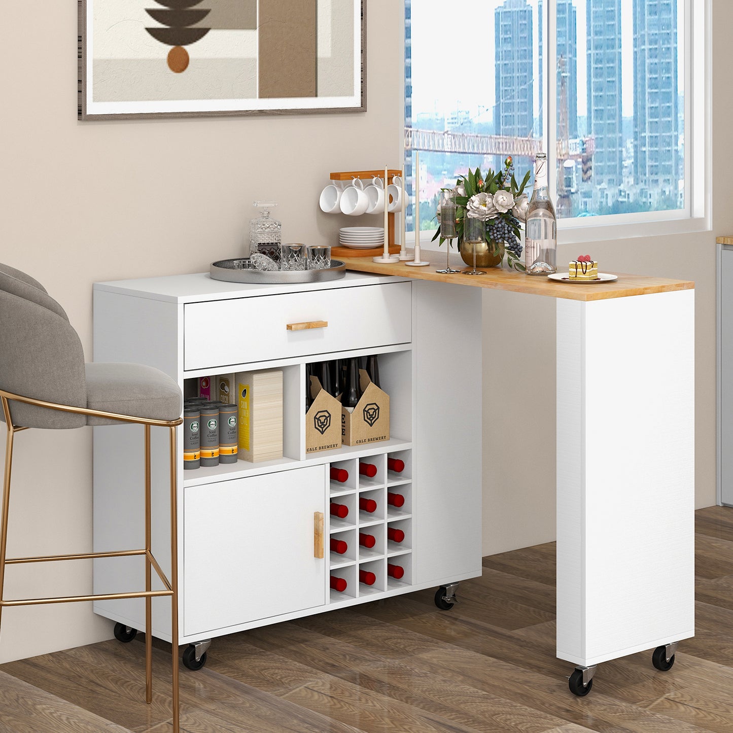 Keukeneiland – Keukentrolley – Keukenwagen – Keukenmeubel – Keukenbar – Draaibaar Werkblad – 7 Zwenkwieltjes – Rubberhout Wit