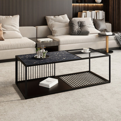 Coffee table, side table, wrought iron coffee table with glass, large storage space, decorative wire design on the sides and bottom adds modernity and artistic touch, 110*48*35cm