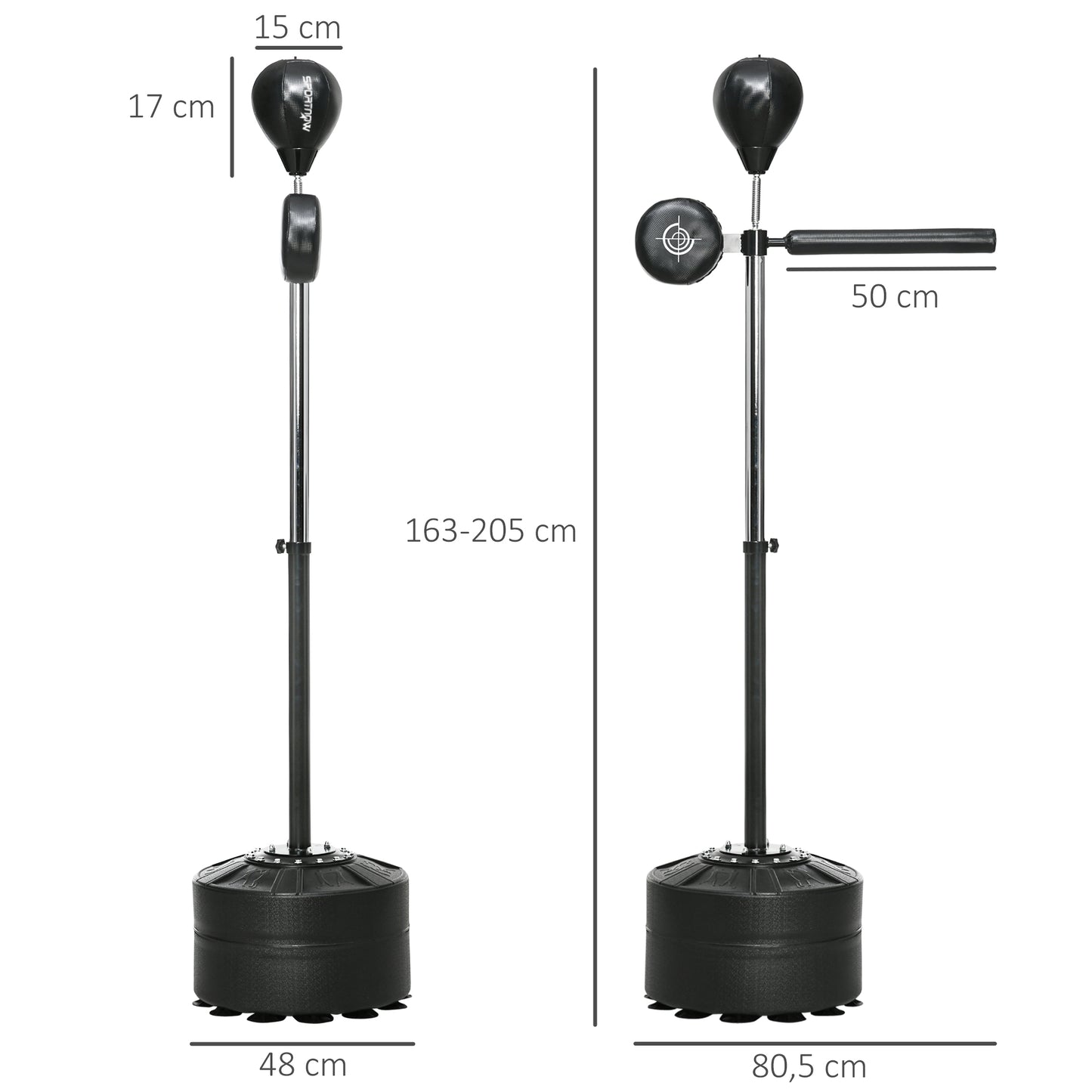 Verstelbare Boksbal – Bokszak – Bokstrainer – Punchingball – Boksdummy – 360° Draaibaar – Hoogte 163-205 cm – Stevig IJzer – Inclusief Bokswraps