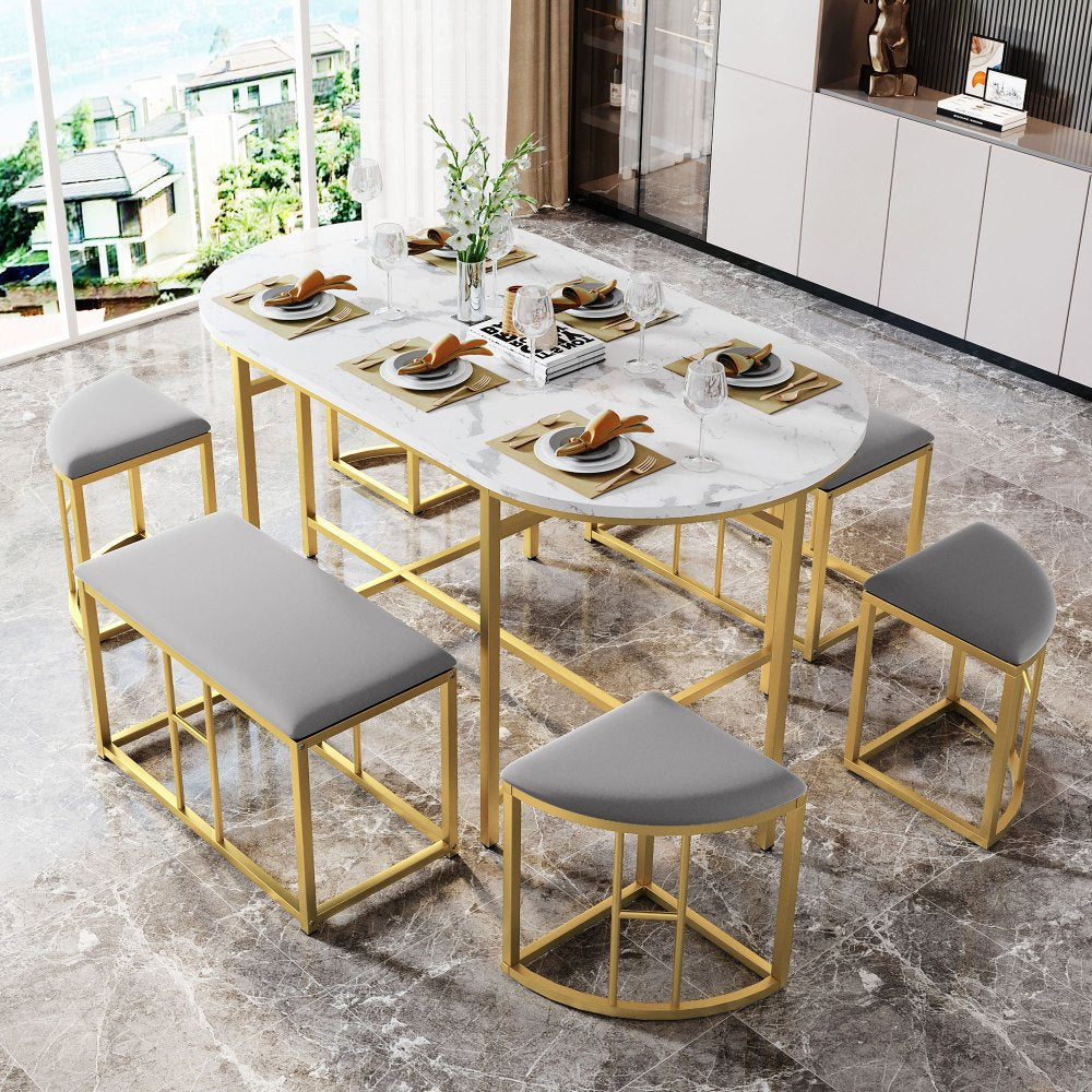 Eettafelset – Eethoek – Keukentafelset – Zitgroep – Tafeltje Met Krukken – Stalen Frame – Modern Wit Goud – 140x70x76 cm – Draaggewicht 120 kg