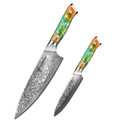 Koksmes – Keukenmes – Universeel Mes – Chefmes – Schilmes – VG10 Damaststaal – Ergonomisch Hars Handvat – 2-Delige Set
