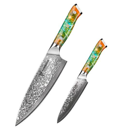 Koksmes – Keukenmes – Universeel Mes – Chefmes – Schilmes – VG10 Damaststaal – Ergonomisch Hars Handvat – 2-Delige Set
