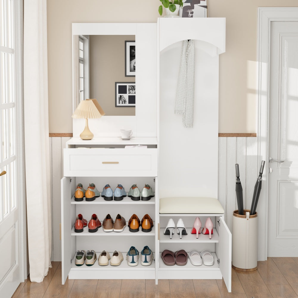 Gangkast – Halmeubel – Garderobekast – Opbergkast – Schoenenkast – Modern Design – Compact Met Spiegel – Witte Kast Met Gouden Accenten