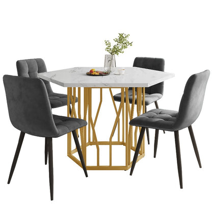 Hexagon Tafel Set – Eettafel Set – Diningset – Marmeren Tafel – Stoelenset – 5-Delig – Grijze Fluweel Stoelen – Gouden Poten – Modern Design – Duurzaam Niet-Houten Blad