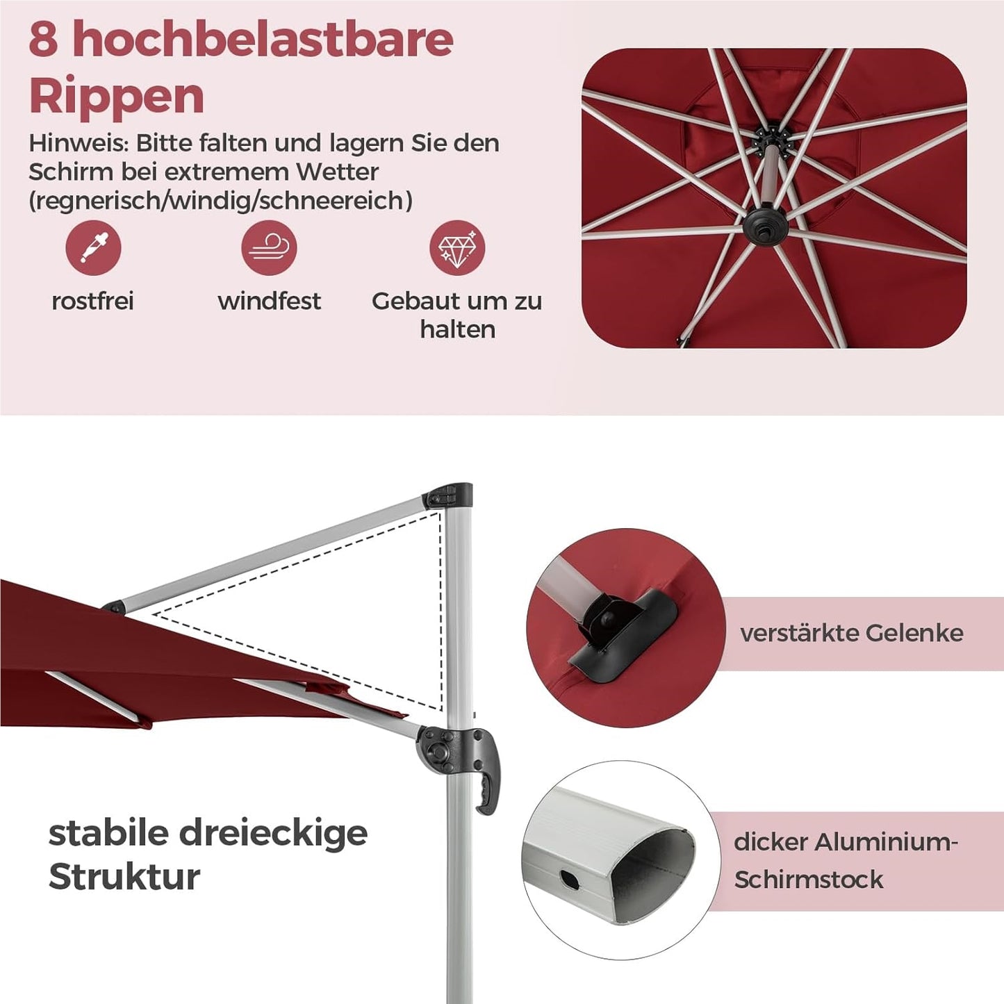 Zonneparasol – Tuinparasol – Terrasparasol – Marktparasol – Schaduwparasol – Ø 330 cm – 360° Draaibaar Met Knikarm – UPF 50+ Bescherming – Rood